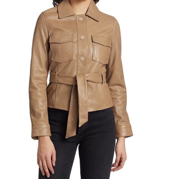 Anthropologie Lamarque Cherice Leather Mini Trench Jacket Sesame Large NWT - Picture 7 of 15